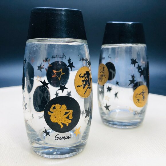 Vintage VAN PAK Zodiac Sign Stars Glass Salt Pepper Shaker Set Made in Canada - Picture 2 of 12